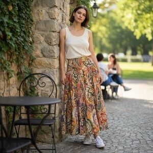 Chaps Tiered Ruffle Hem Maxi Skirt Womens Med Paisley Cotton Peasant Boho